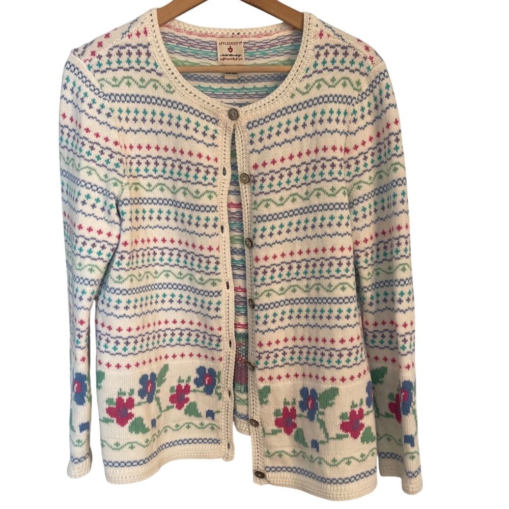 Appleseeds Womens Fair Isle Knit Cardigan Sweater Size PM Cottagecore Floral Y2K